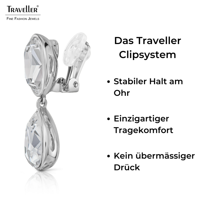 Traveller Ohrclips - Hänger - Silberfarben - Kristalle - Oval & Tropfen - Platiniert - 35x12mm - 157831