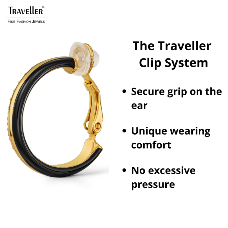 Traveller Clip-on Earrings - Hoops - Gold Plated - Crystals - Black Enamel - 23x4mm - 157836