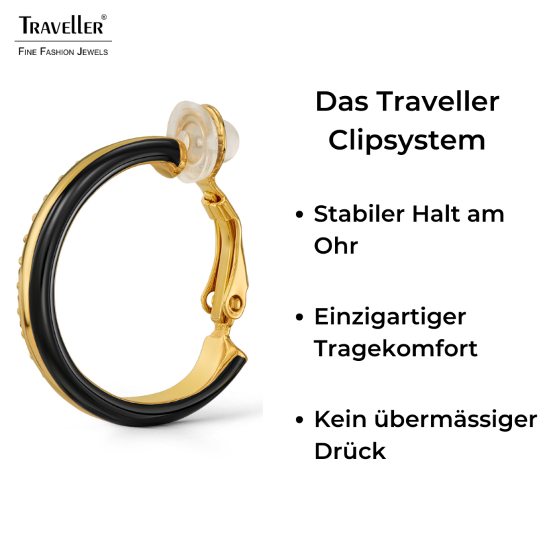 Traveller Ohrclips - Creolen - Vergoldet - Kristalle - Schwarz Emaille - 23x4mm - 157836