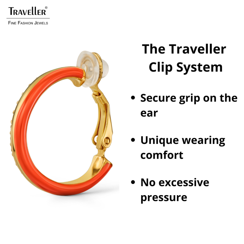 Traveller Clip-on Earrings - Hoops - Gold Plated - Crystals - Coral Coloured Enamel - 23x4mm - 157837