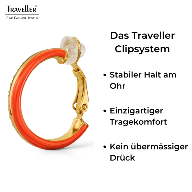 Traveller Ohrclips - Creolen - Vergoldet - Kristalle - Korallenfarben Emaille - 23x4mm - 157837