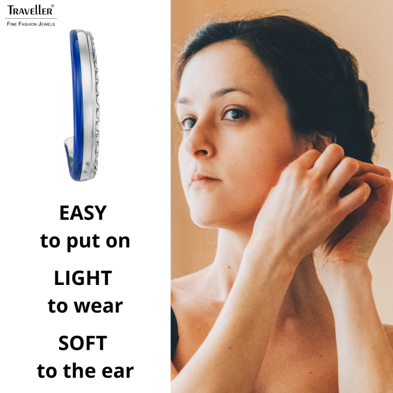 Traveller Clip-on Earrings - Silver Coloured - Crystals - Dark Blue Enamel - Platinum Plated - 23x4mm - 157838 