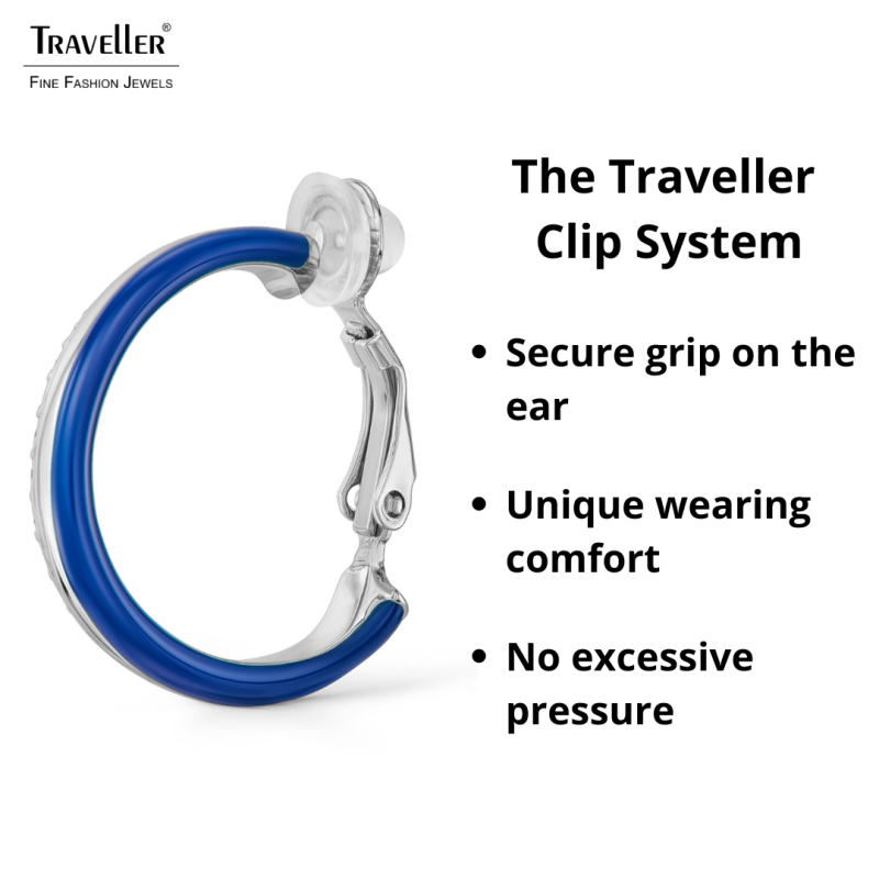 Traveller Clip-on Earrings - Silver Coloured - Crystals - Dark Blue Enamel - Platinum Plated - 23x4mm - 157838 