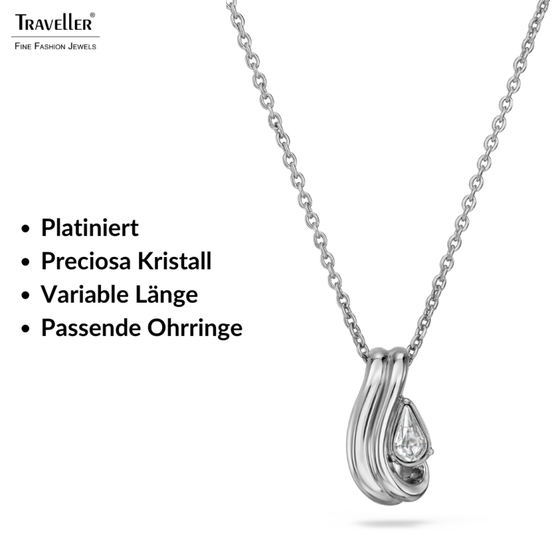 Traveller Anhänger mit Kette - Silberfarben - Kristall - Tropfenform - Platiniert - 16x9mm - 44cm - 157841