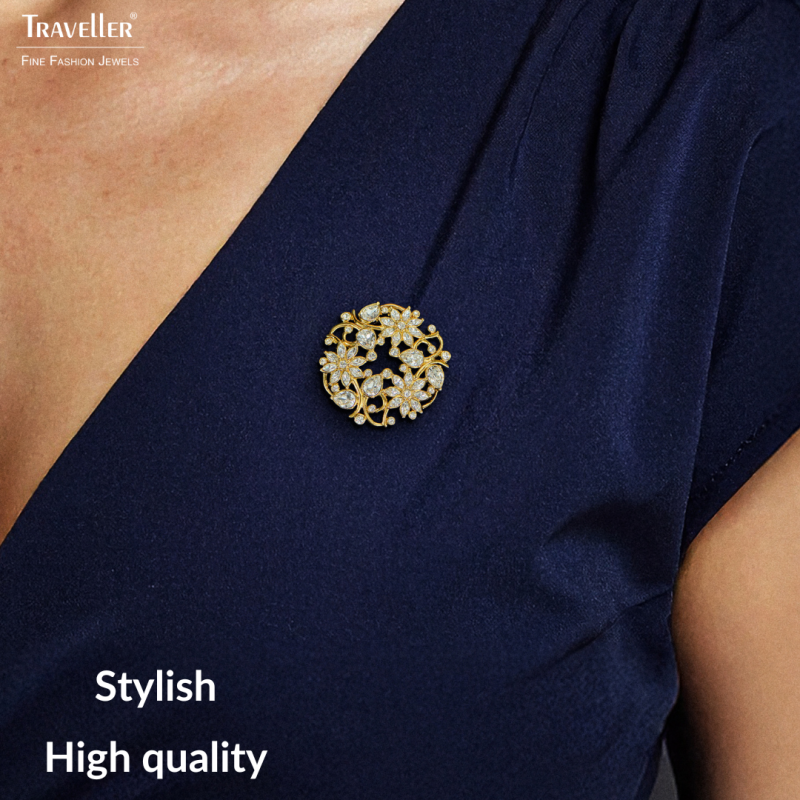 Traveller Brooch - Gold Plated - Crystals - Flowered - 35 mm - 157844 