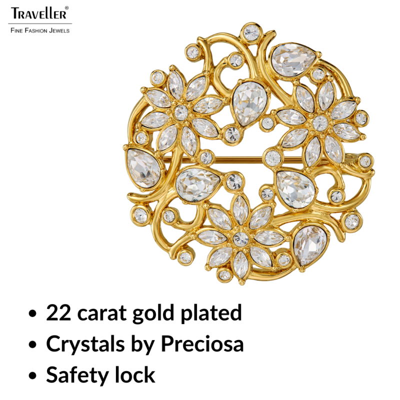 Traveller Brooch - Gold Plated - Crystals - Flowered - 35 mm - 157844 