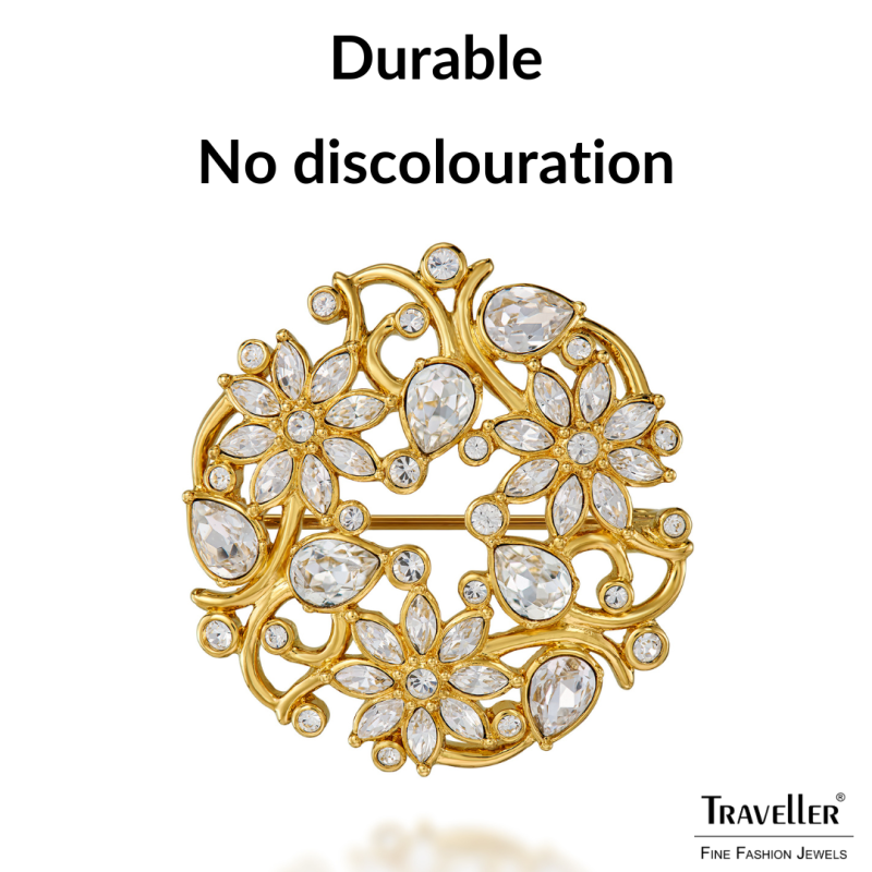 Traveller Brooch - Gold Plated - Crystals - Flowered - 35 mm - 157844 