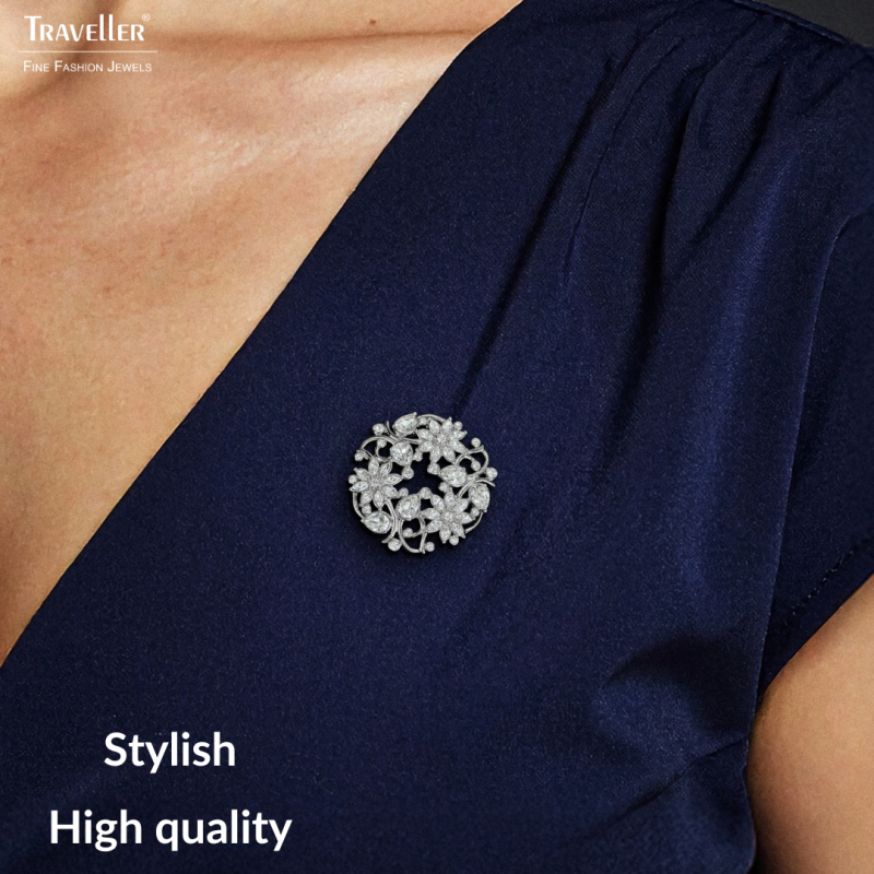 Traveller Brooch - Silver Coloured - Crystals - Flowered - Platinum Plated - 35 mm - 157845