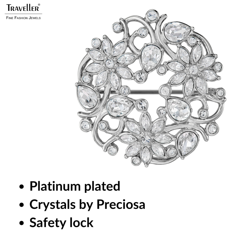 Traveller Brooch - Silver Coloured - Crystals - Flowered - Platinum Plated - 35 mm - 157845