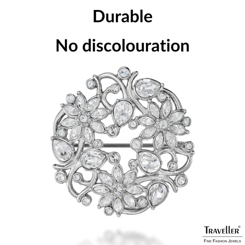 Traveller Brooch - Silver Coloured - Crystals - Flowered - Platinum Plated - 35 mm - 157845
