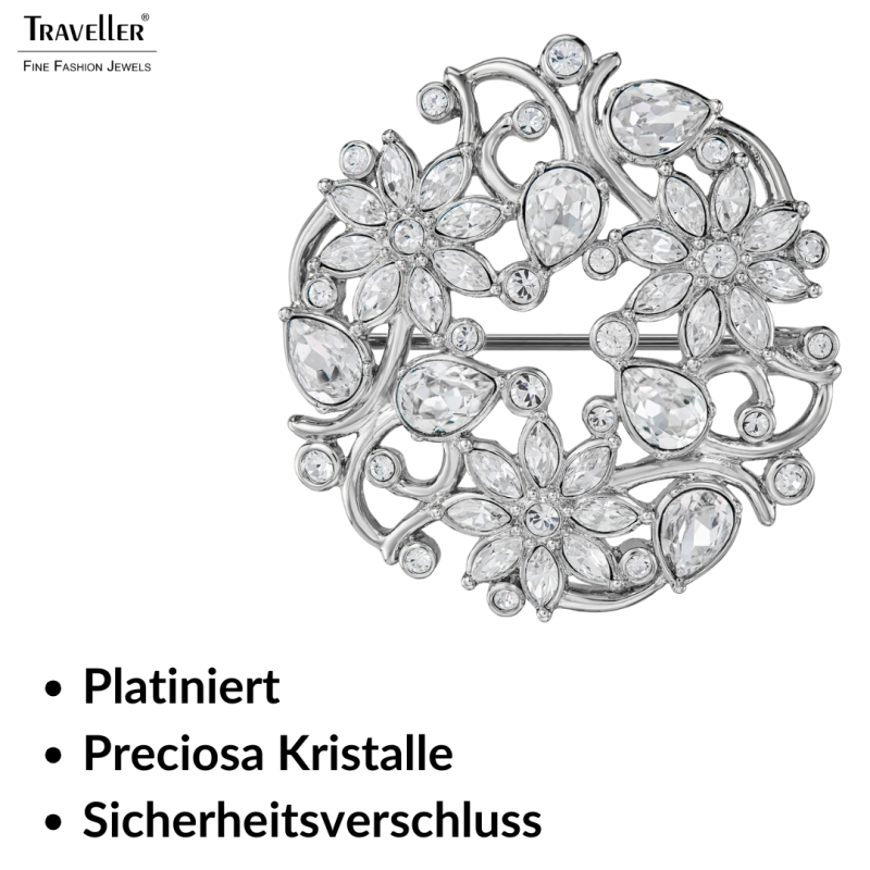 Traveller Brosche - Silberfarben - Kristalle - Geblüht  - Platiniert - 35 mm - 157845