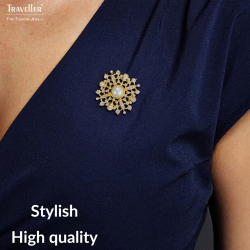 Traveller Brooch - Gold Plated - Half Pearl - 10mm - White - Crystals - 33mm - 157846