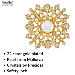 Traveller Brooch - Gold Plated - Half Pearl - 10mm - White - Crystals - 33mm - 157846