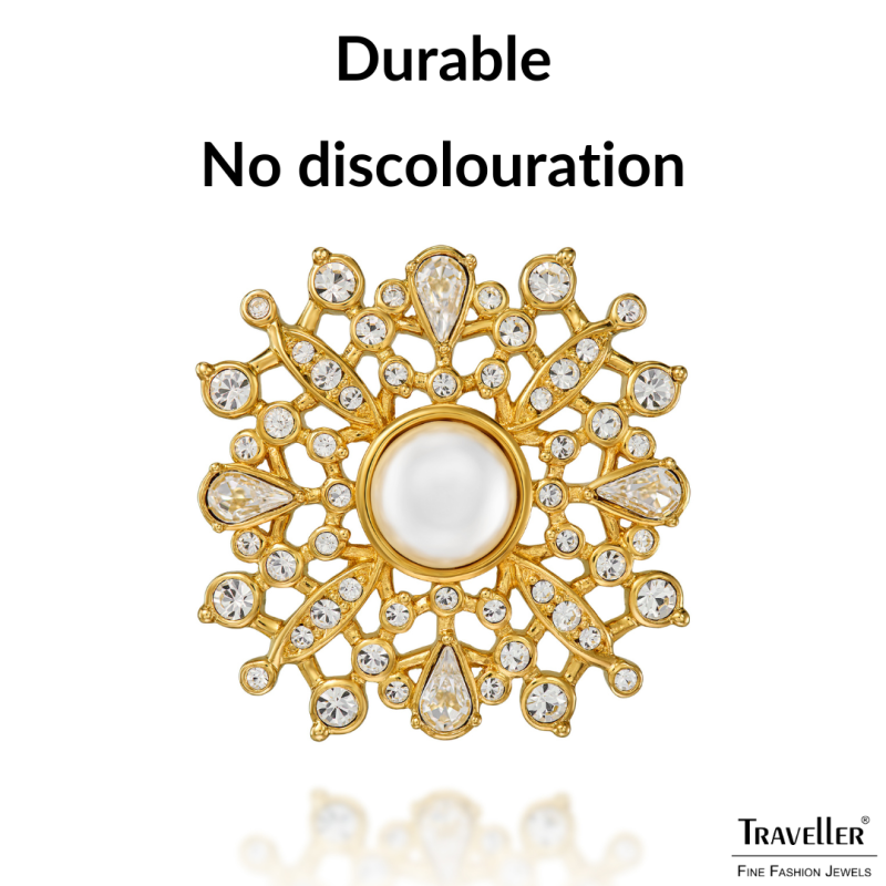 Traveller Brooch - Gold Plated - Half Pearl - 10mm - White - Crystals - 33mm - 157846