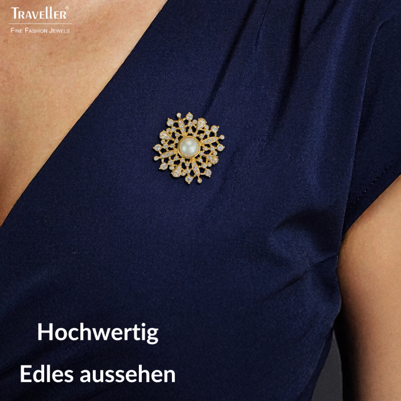 Traveller Brosche - Vergoldet - Halbe Perle - 10mm - Weiß - Kristalle - 33mm - 157846