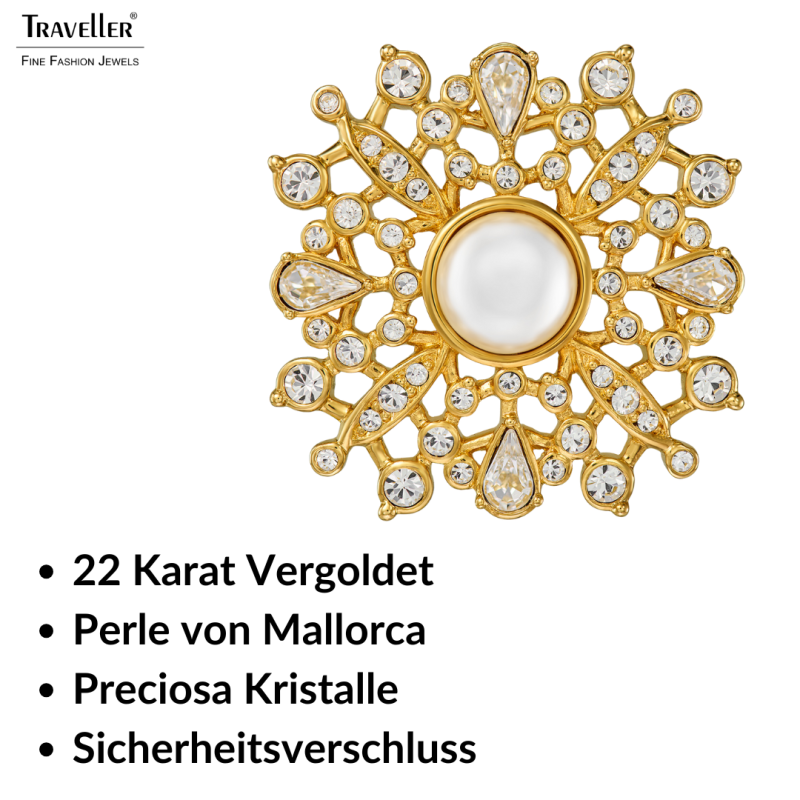 Traveller Brosche - Vergoldet - Halbe Perle - 10mm - Weiß - Kristalle - 33mm - 157846