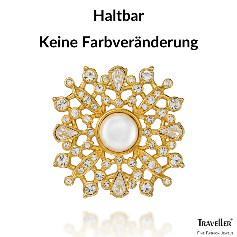 Traveller Brosche - Vergoldet - Halbe Perle - 10mm - Weiß - Kristalle - 33mm - 157846