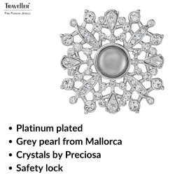 Traveller Brooch - Silver Coloured - Half Pearl - 10mm - Light Grey - Crystals - Platinum Plated - 33 mm - 157852 