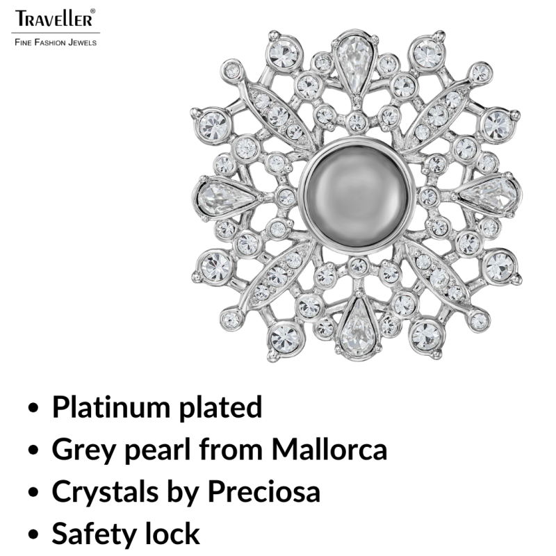 Traveller Brooch - Silver Coloured - Half Pearl - 10mm - Light Grey - Crystals - Platinum Plated - 33 mm - 157852 