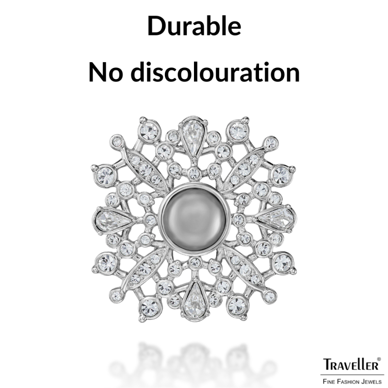 Traveller Brooch - Silver Coloured - Half Pearl - 10mm - Light Grey - Crystals - Platinum Plated - 33 mm - 157852 