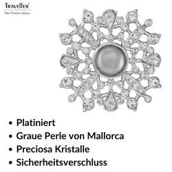 Traveller Brosche - Silberfarben - Halbe Perle - 10mm - Hell Grau - Kristalle - Platiniert - 33 mm - 157852 