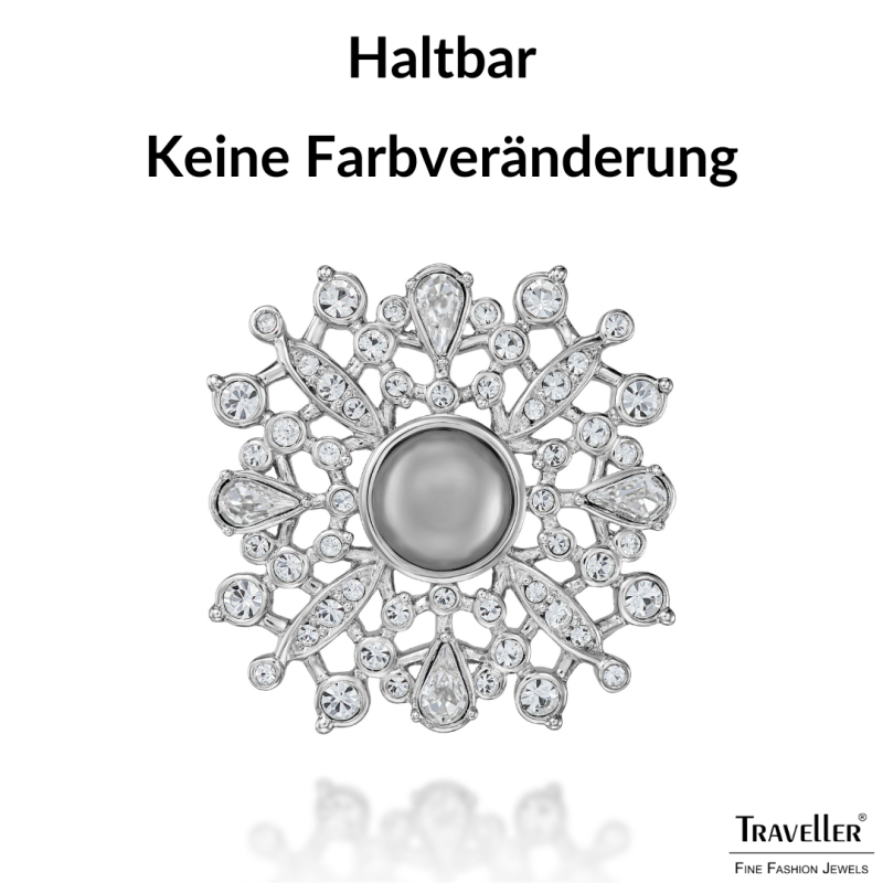 Traveller Brosche - Silberfarben - Halbe Perle - 10mm - Hell Grau - Kristalle - Platiniert - 33 mm - 157852 