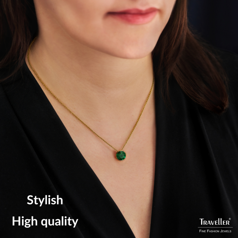 Traveller Pendant with Necklace - Gold Plated - Crystal - 10mm - Emerald Green - 40+4+4cm - 157862