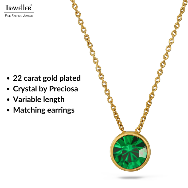 Traveller Pendant with Necklace - Gold Plated - Crystal - 10mm - Emerald Green - 40+4+4cm - 157862
