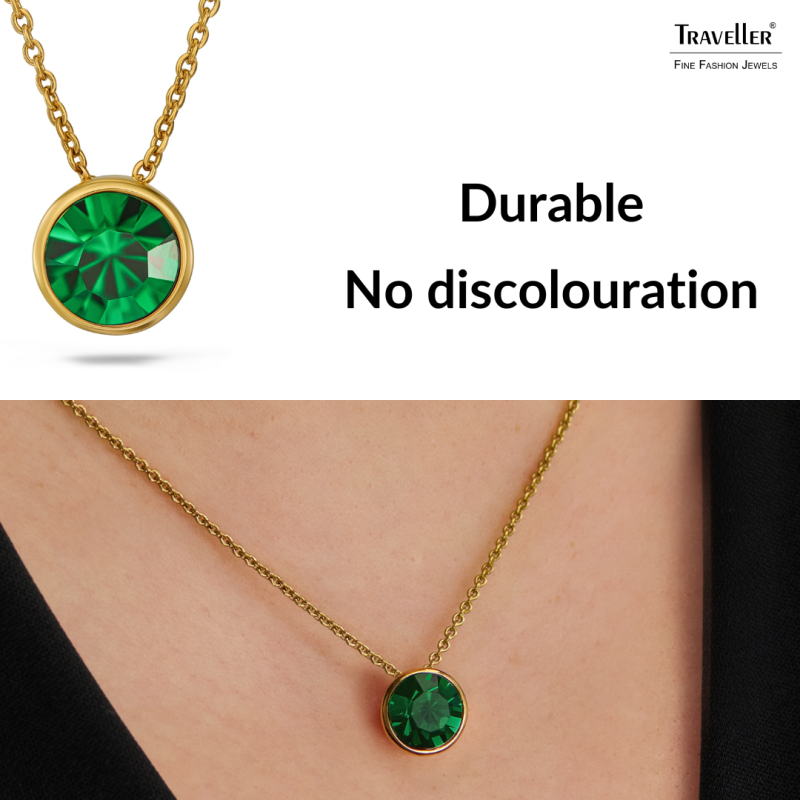 Traveller Pendant with Necklace - Gold Plated - Crystal - 10mm - Emerald Green - 40+4+4cm - 157862