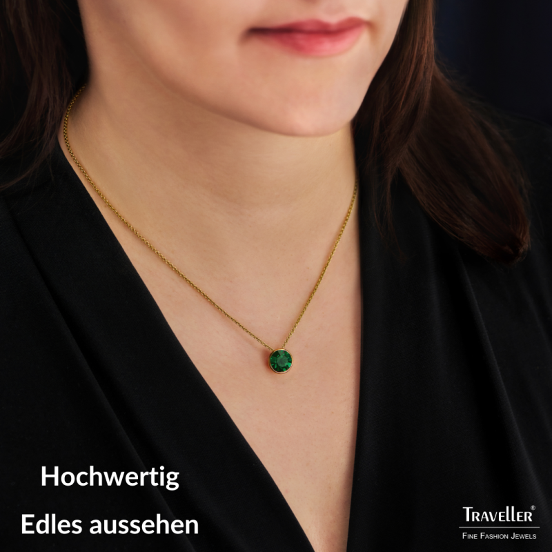 Traveller Anhänger mit Kette - Vergoldet - Kristall - 10mm - Smaragd Grün - 40+4+4cm - 157862