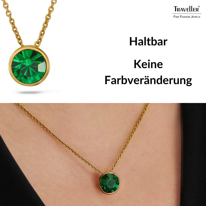 Traveller Anhänger mit Kette - Vergoldet - Kristall - 10mm - Smaragd Grün - 40+4+4cm - 157862
