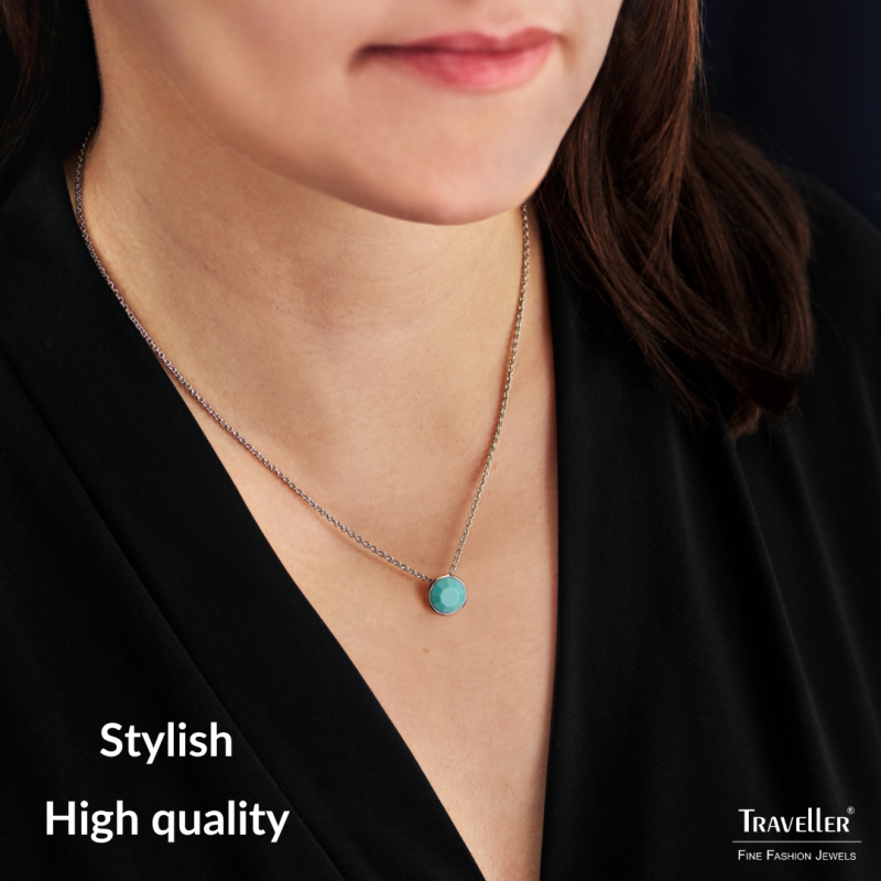 Traveller Pendant with Necklace - Silver Coloured - Crystal - 10mm - Turquoise - Platinum Plated - 40+4+4cm - 157864