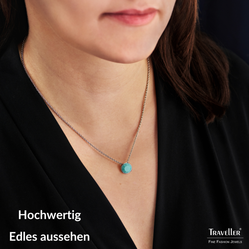 Traveller Anhänger mit Kette - Silberfarben - Kristall - 10mm - Türkis - Platiniert - 40+4+4cm - 157864