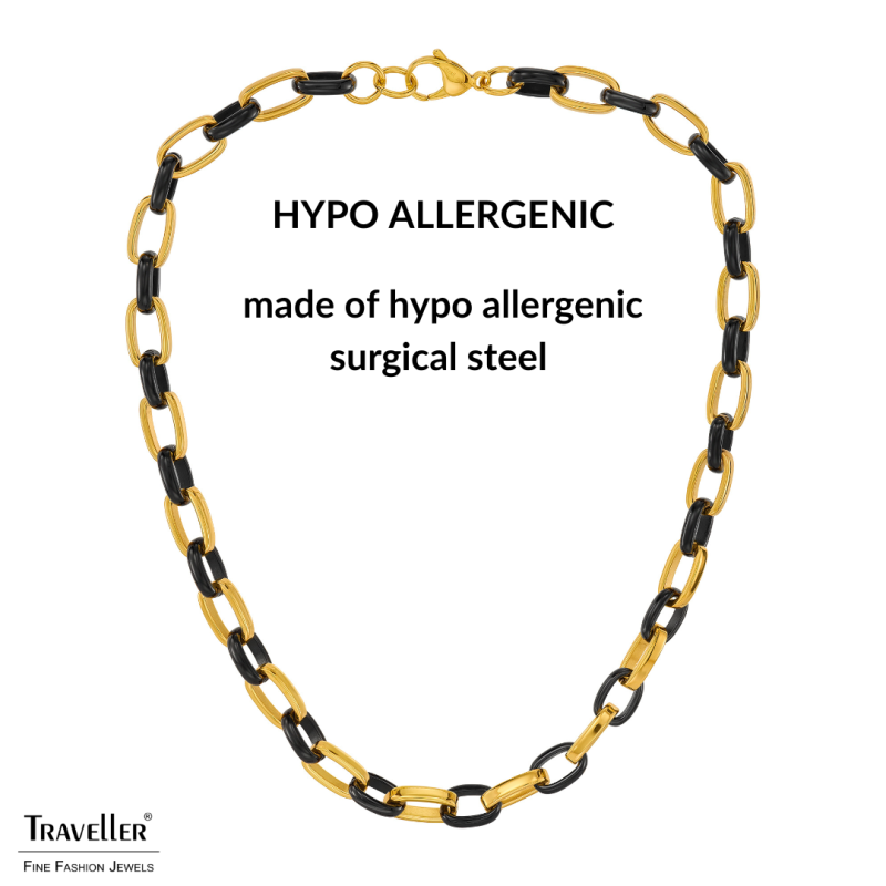 Traveller Necklace - Stainless Steel - Gold Plated & Black - Oval Links - 47cm - 181315 