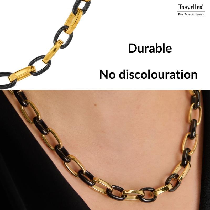 Traveller Necklace - Stainless Steel - Gold Plated & Black - Oval Links - 47cm - 181315 