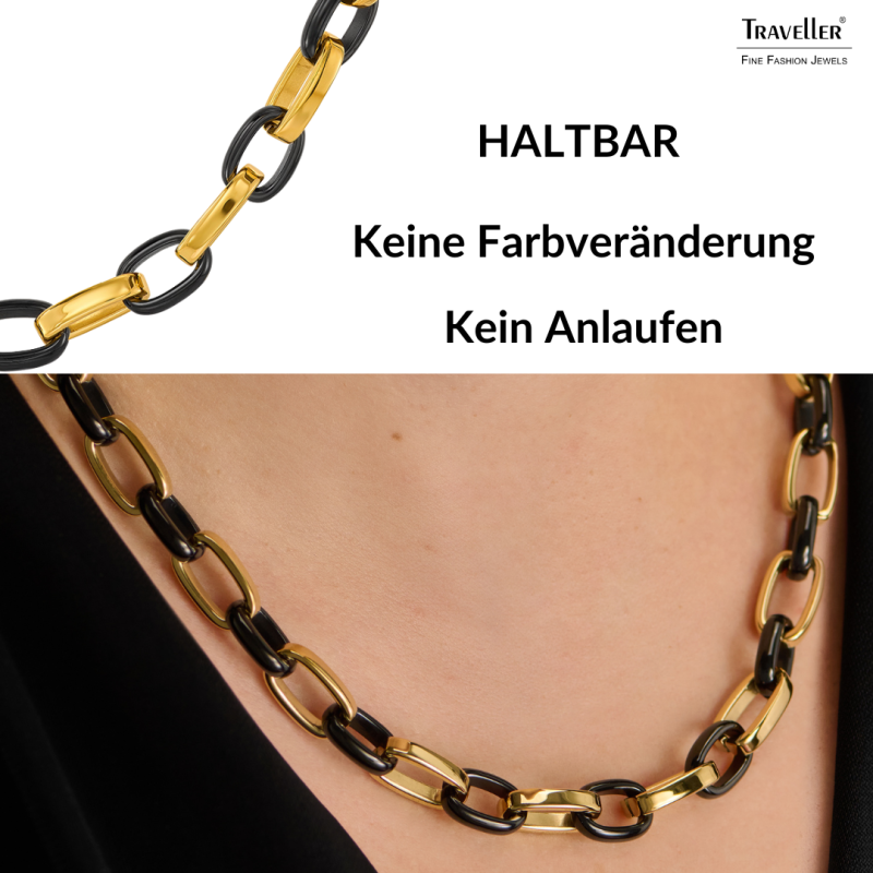 Traveller Collier - Edelstahl - Vergoldet & Schwarz - Ovale Glieder - 47cm - 181315 
