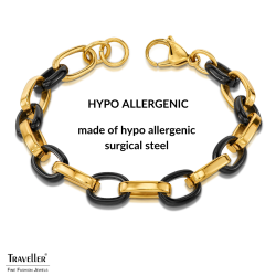 Traveller Bracelet - Stainless Steel - Gold Plated & Black - Oval Links - 21cm - 181316