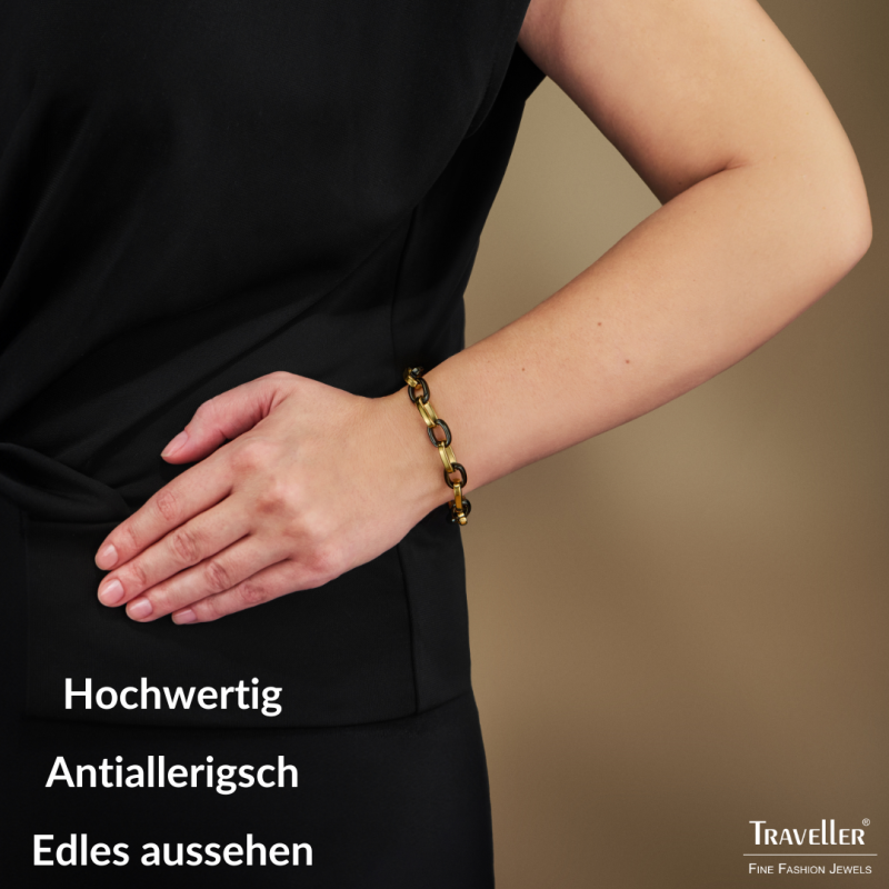 Traveller Armband - Edelstahl - Vergoldet & Schwarz - Ovale Glieder - 21cm - 181316