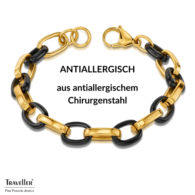 Traveller Armband - Edelstahl - Vergoldet & Schwarz - Ovale Glieder - 21cm - 181316