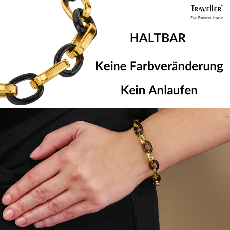 Traveller Armband - Edelstahl - Vergoldet & Schwarz - Ovale Glieder - 21cm - 181316