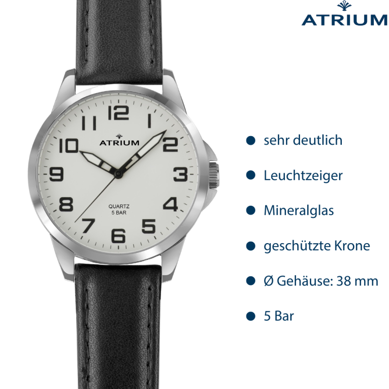 ATRIUM Armbanduhr - Herren - Silberfarben - Schwarzes Lederband - 5 Bar - Ø38 mm - Klar - Platiniert - Quartz - A48-10 
