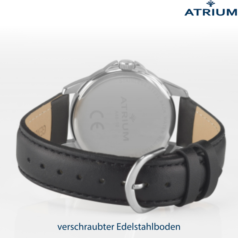 ATRIUM Armbanduhr - Herren - Silberfarben - Schwarzes Lederband - 5 Bar - Ø38 mm - Klar - Platiniert - Quartz - A48-10 