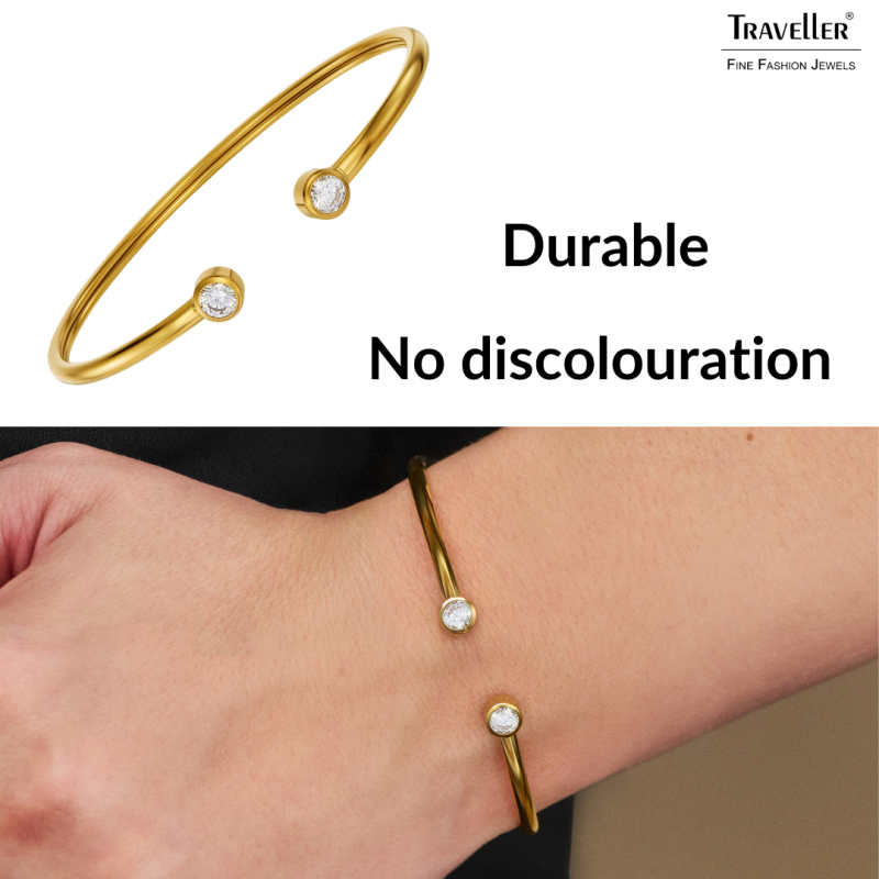 Traveller Bangle - Bracelet - Stainless Steel - Gold Plated - Zirconia - 6x5 cm - Flexible - 181308 