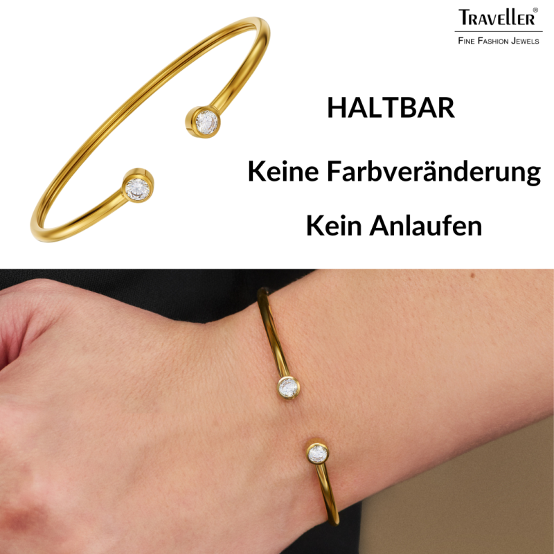 Traveller Armreif - Edelstahl - Vergoldet - Zirkonia - 6x5 cm - Flexibel - 181308 