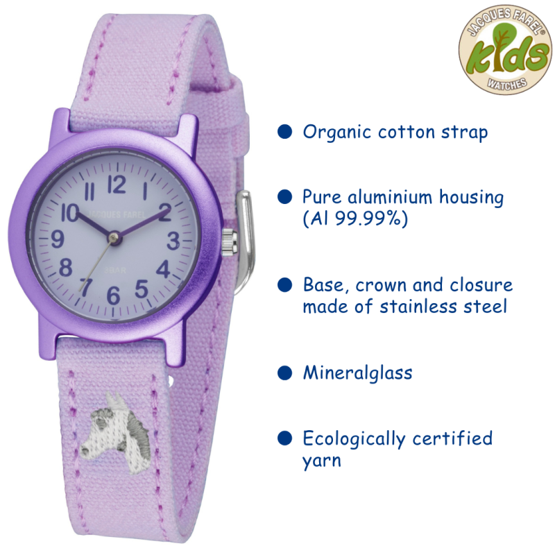 Jacques Farel ECO Children's Watch - Horse - Lilac - CO2 neutral - Bio-cotton - 3 Bar - Adjustable Strap - ORG8820