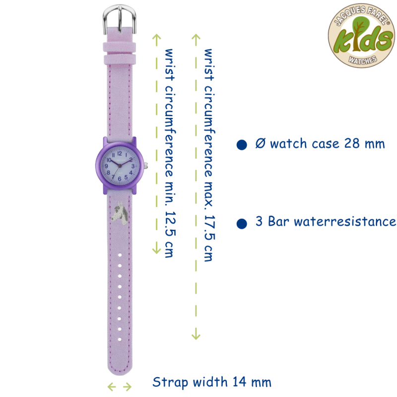 Jacques Farel ECO Children's Watch - Horse - Lilac - CO2 neutral - Bio-cotton - 3 Bar - Adjustable Strap - ORG8820