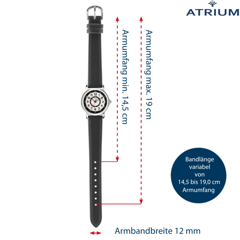 ATRIUM Kinder Armbanduhr - Jungen / Mädchen - Schwarz - Analog - 5 Bar - Lernzifferblatt - A31-107