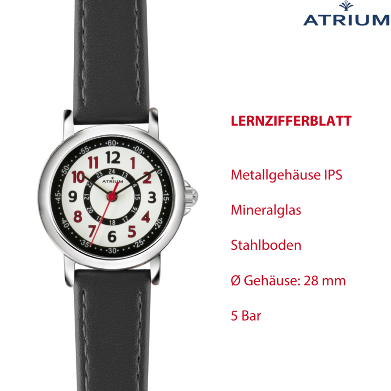 ATRIUM Kinder Armbanduhr - Jungen / Mädchen - Schwarz - Analog - 5 Bar - Lernzifferblatt - A31-107
