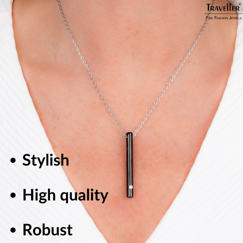 Traveller Necklace with Urn Pendant - Ash Pendant - 45 mm - Black - Stainless Steel - Zirconia - 45-50 cm - 181141