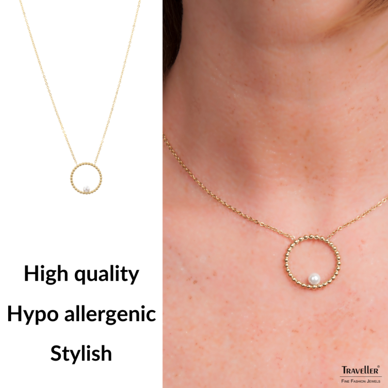 Traveller Necklace - Stainless Steel - Gold Plated - Freshwater Pearl - 4 mm - Pendant 25 mm - 45+5 cm - 181235